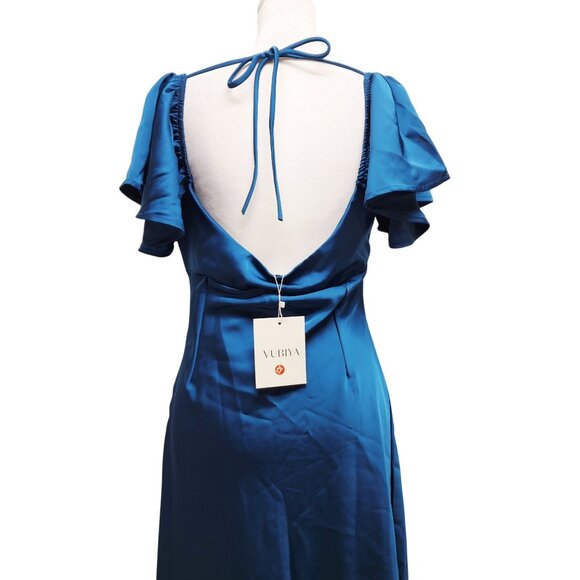 Womens Vubiya Satin Blue Maxi Dress Size M Ruffle Sleeves & Cutout Detail New - Picture 11 of 11